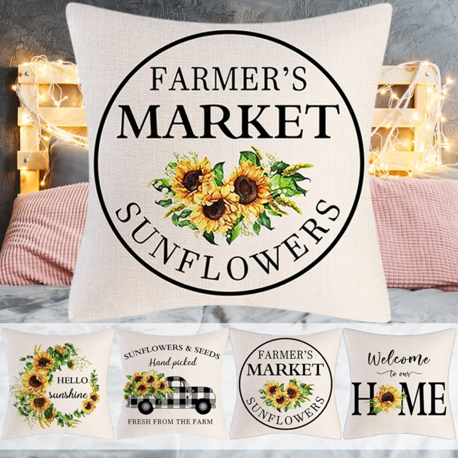 

4pcs Polyester Square Throw Pillow Covers Sunflower Print On Black Home Decor Pillowcases Hidden Zipper Cushion Accessories