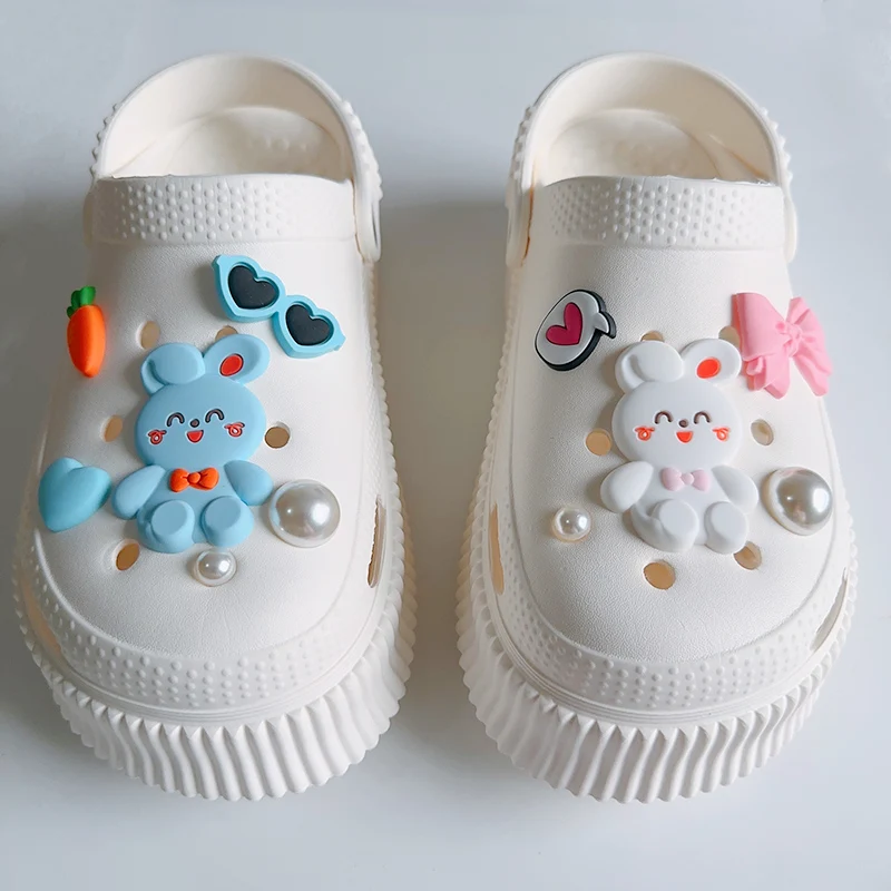 Cute Cartoon Blue Pink Color Rabbits Charms For Shoes DIY PVC Carrot Heart Bowknot Shoe Clogs Decoration Creative Jewelry Gifts