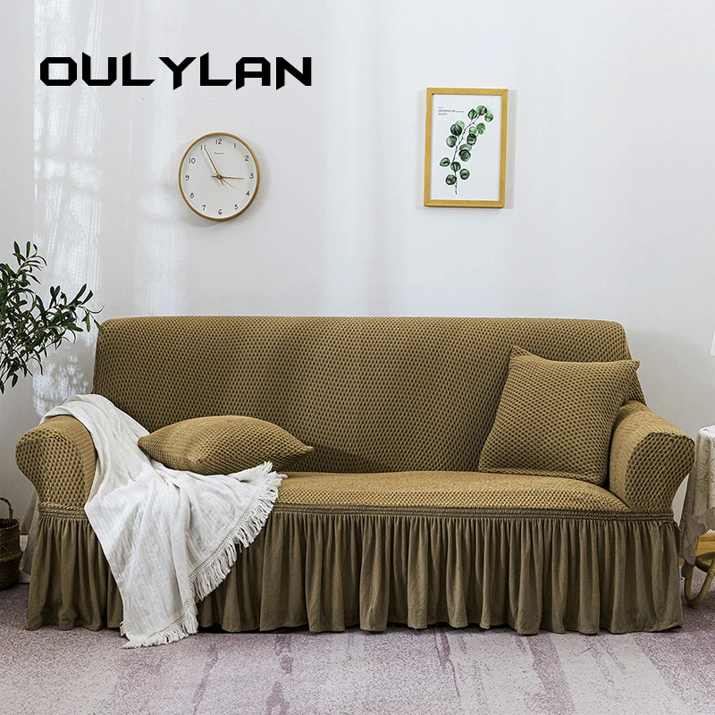 

Oulylan Solid Color Fabric Sofa Cover Thickened Small Square Sofa Cover With Skirt Stretch Slipcover For Living Room 3/4 Seater