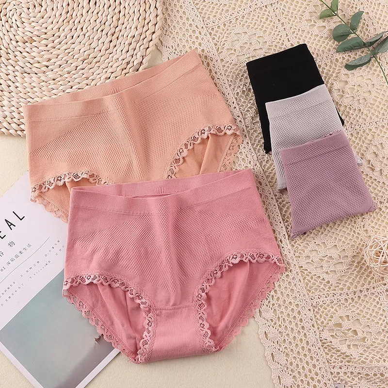 

Women's Cotton Panties Lace edge Middle waist Underpants Breathable cozy Seamless Female Underwear Solid Color Warm lady Briefs