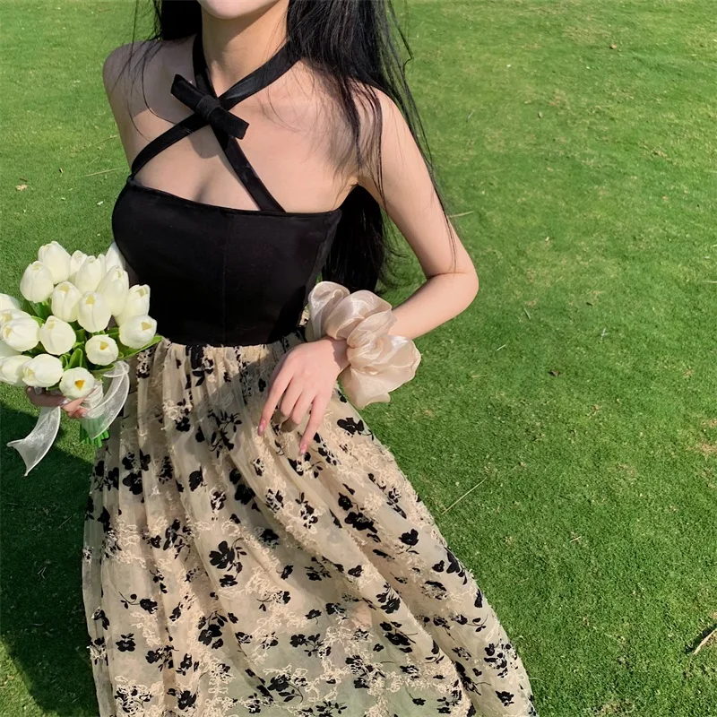 

Fairy Dress French Floral Design Vintage Strap Dresses Women Sleeveless Sexy Midi Dresses Evening Party Summer Chic One Piece