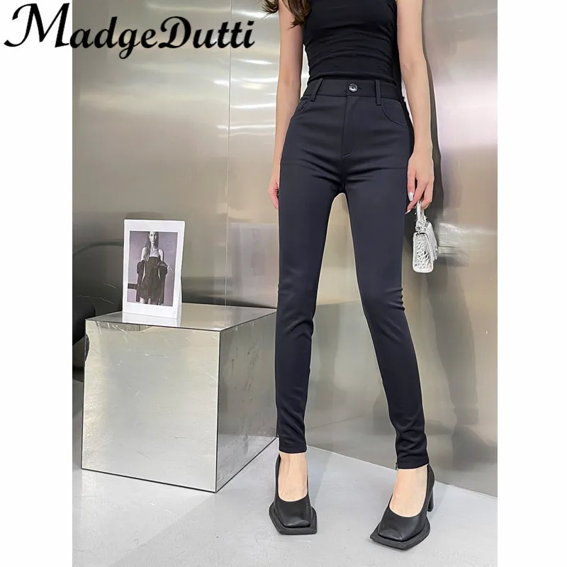 11.9 MadgeDutti Fashion High End Black High Waist Hem Zipper Elastic Slim Pencil Pants Women