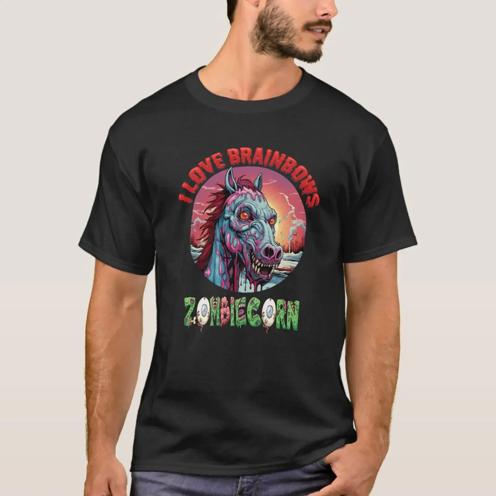 Фото Футболка Zombiecorn Zombie Unicorn I Love Brainbows Punk Ha, винтажная, с эффектом потертости, дизайнерская одежда в стиле стритвир, универсальная, стильная №1