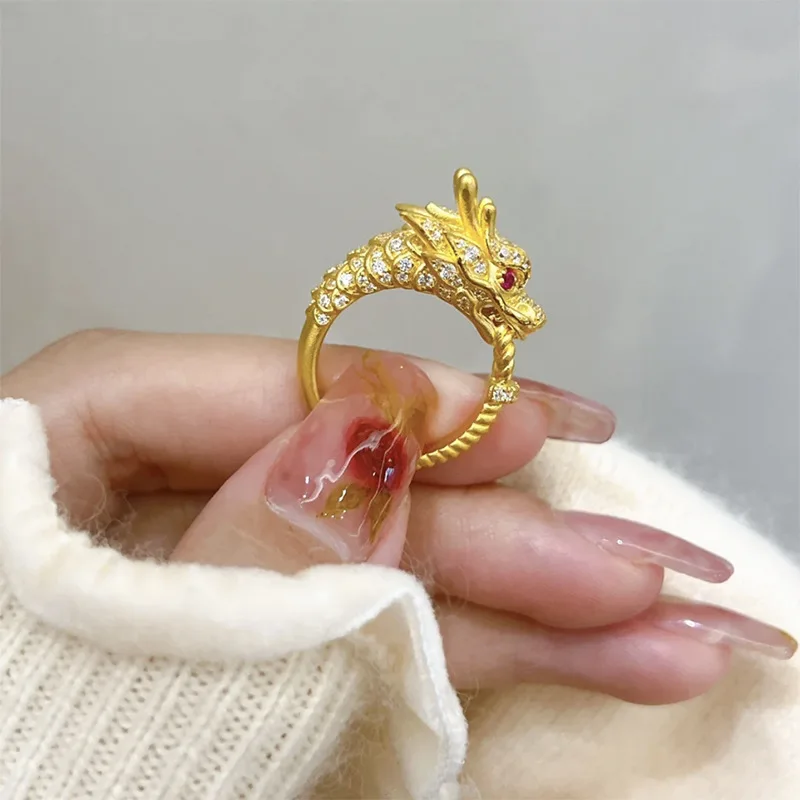 Шикарное Золотое кольцо с посеребренным покрытием S925 Китай золотой дракон