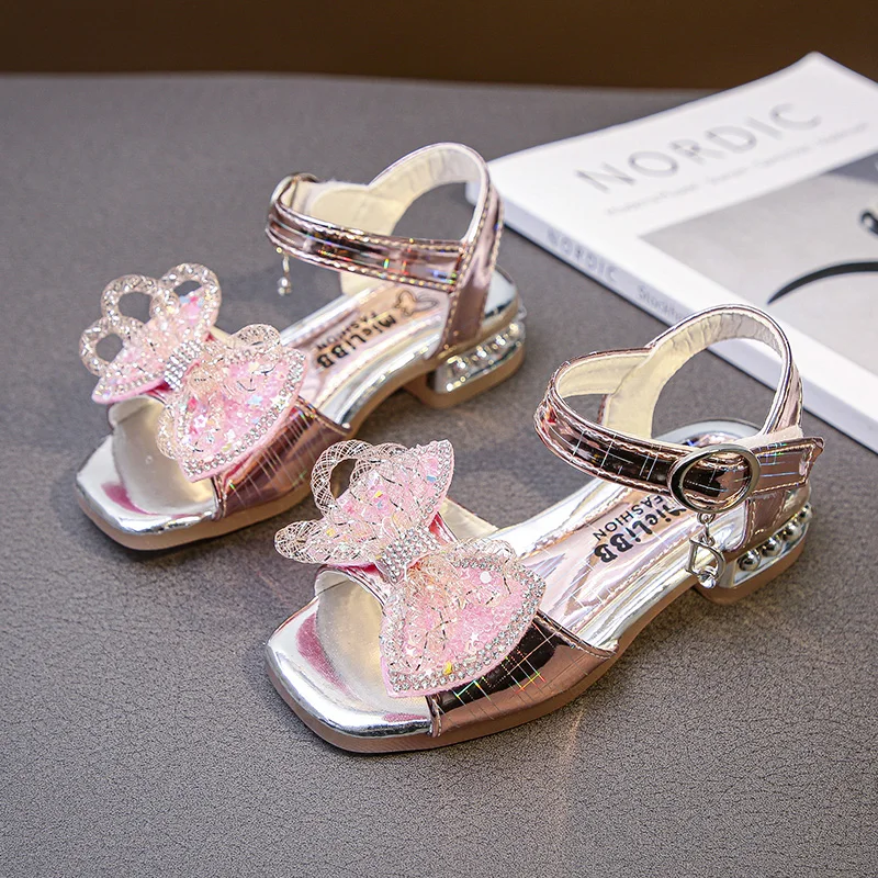 

Girls Princess Sandals Children Heels Sandals Square Heel Glitter Sandals Crystal Bow-knot Kids Fashion Summer Shoes Chic Party