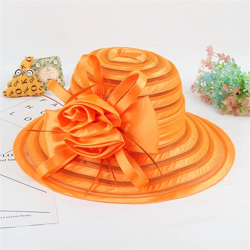 Women Organza Sun Hats Elegant Ladies Bucket Hat Wedding Church Party Fashion Summer Wide Brim Big Floral Fedora