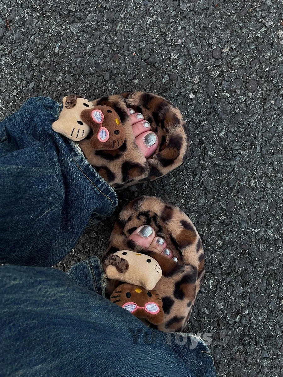 Sanrio Y2k Hello Kitty Leopard Print Plush Slipper Autumn And Winter Spicy Girl Thick Bottom Fashion Non-Slip Home Shoes