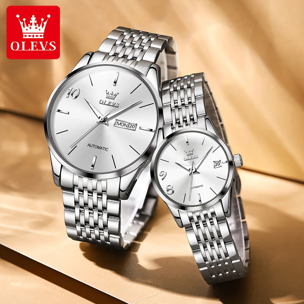 OLEVS Automatic Couple Watch Waterproof Stainless Steel Mechanical Watches Luxury Dress Self Wind Wristwatch Relogio Feminino