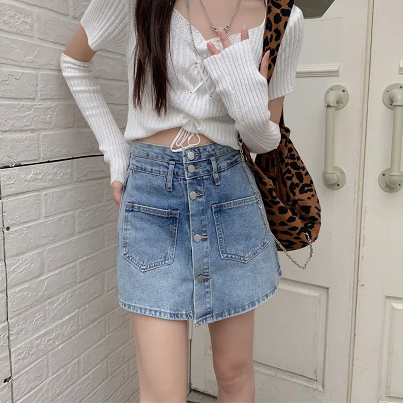 S-5XL New Women Denim Shorts Skirts Summer Fashion Single Breasted Design High Waist Jeans Shorts Casual Plus Size A-Line Skirt