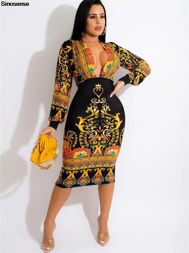 

Sexy V Neck Long Sleeve Bodycon Dress Women Floral Print Stretchy Pencil Business Suiting Slim Fit Midi Evening Party Dresses