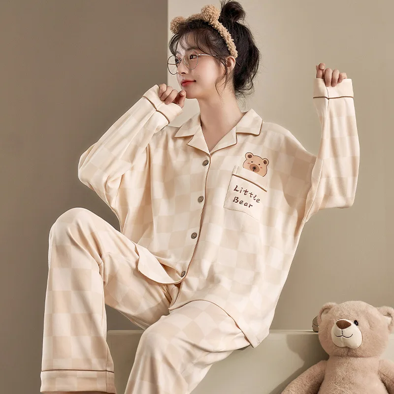 Spring Autuum Fashion Women's Casual Print Pocket Sleepwear Homewear Cute Lovely Pajamas Set With Pants Bear Soft Cotton