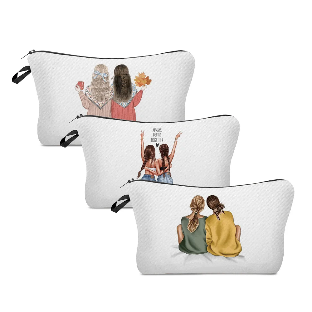 

Women Portable Cosmetic Bags Girlfriends Print Wash Bag Pouch Travel Storage Zip Toiletries Organizer Female Pocket Money Bag