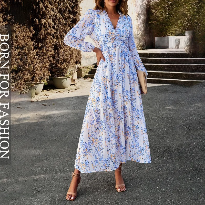 

Шифоновое платье с длинным рукавом, V-образным вырезом и принтом