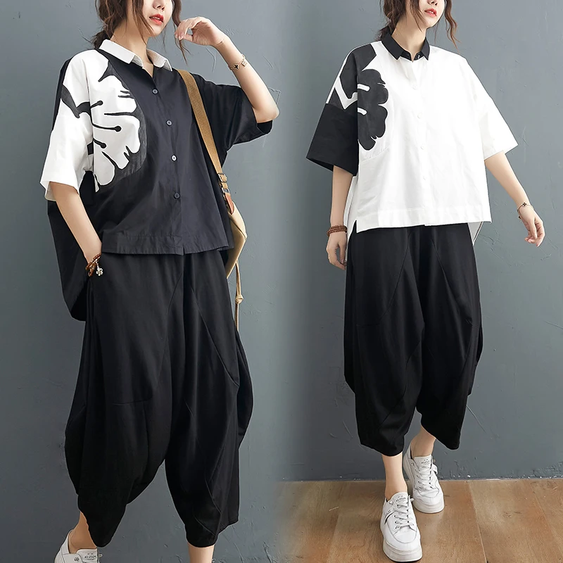 

Fashion High Quality 2023 Korea Style Loose Graffiti Blouse Wide Leg Pants 2 Pcs Street Fashion Women Clothes Sets Chic Girl's S