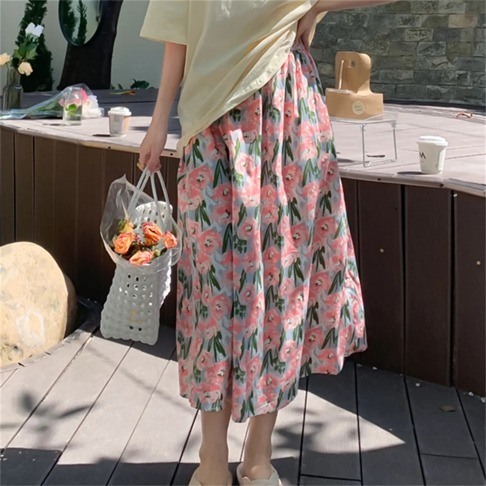 

Hzirip Pink Florals Skirts Office Wear Hot Printed A-Line 2022 Summer Women Office Lady New Sweet Chic Gentle Mid-Length OL
