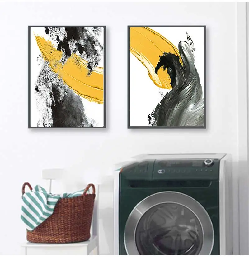 Абстрактная желтая с черной росписью напечатанная на холсте Скандинавская