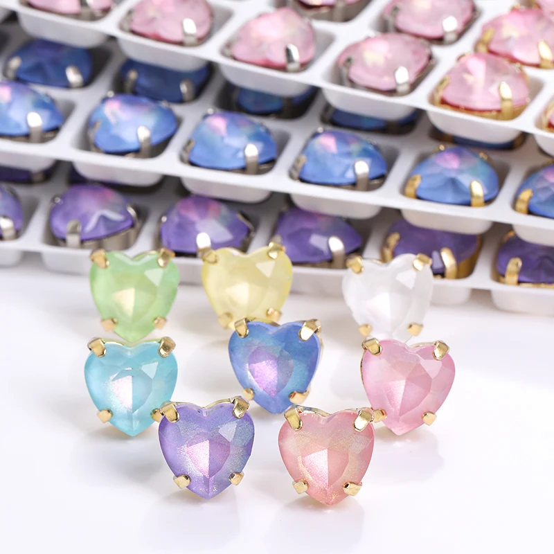 

10pc Glitter Heart Shape Sewing Rhinestones Crystals Glass With Metal Claw Sew On Diamond For Wedding Dress Clothing Accessories