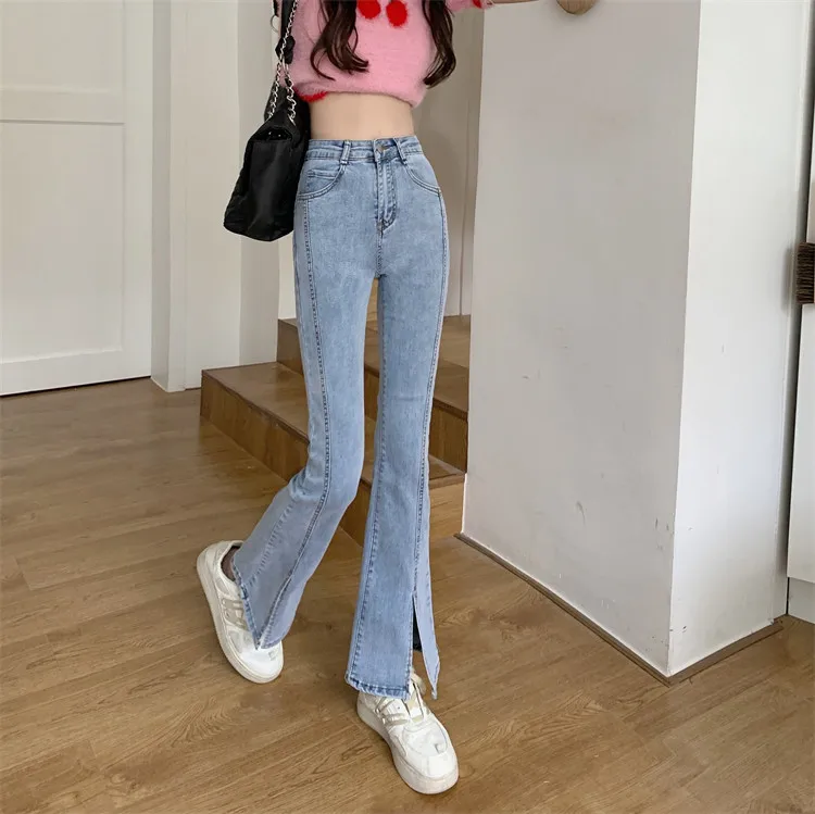

DD1733 New loose vertical tube high-waisted slim flared jeans