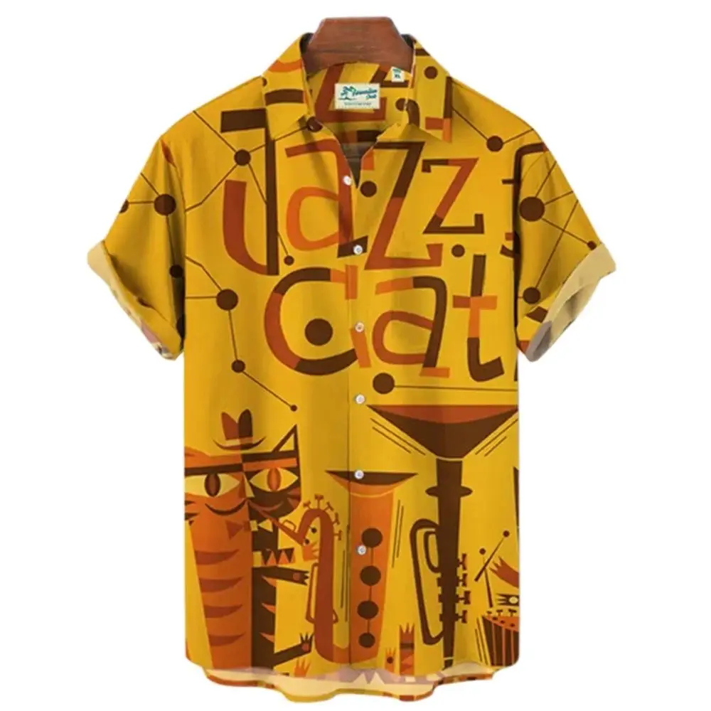 2022 Summer New 3d Musical Instrument Print Short Sleeve Shirt Ahloa Beach Hawaiian Shirt Men Oversized