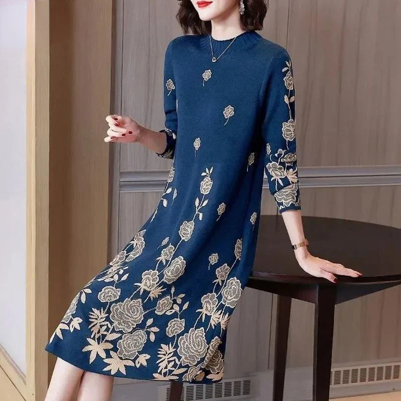 Long Sleeve Knitted Dress Women Autumn Winter Korean Mid-Length Bottoming Sweater Bodycon Dresses Printing Vestidos Mujer R77