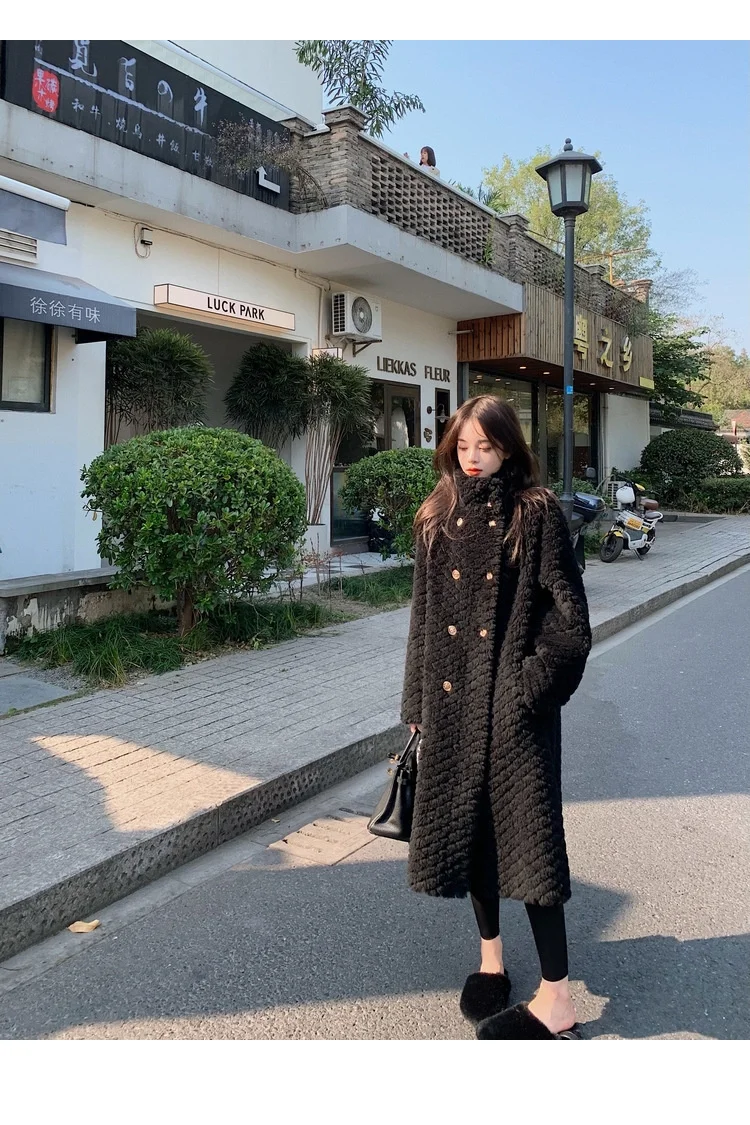 2022 New Women's Lamb Wool Grain Sheep Shearling Coat Autumn Winter Warm Fur Coat Casual Solid Color Lady Jackets Mid-length