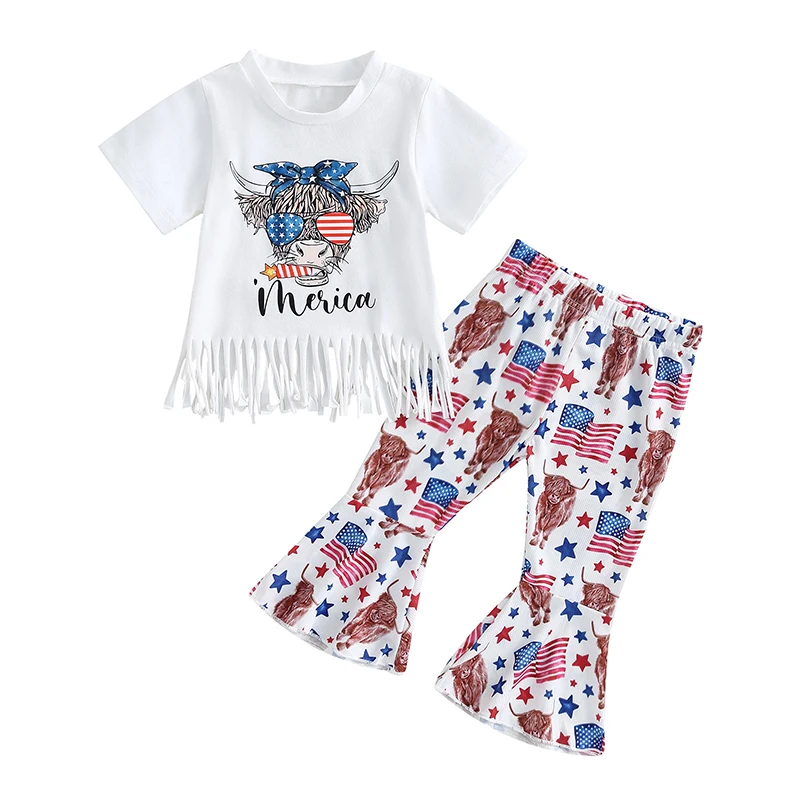 

Bmnmsl Independence Day Kids Girls Outfits Summer Bull Head Print Short Sleeve Tassel T-shirt and Elastic Flare Pants Set