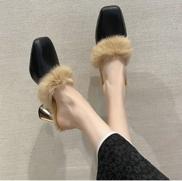 Outdoor winter women's plush thick platform warm square head cotton slippers fur household comfortable anti-skid women's outer s