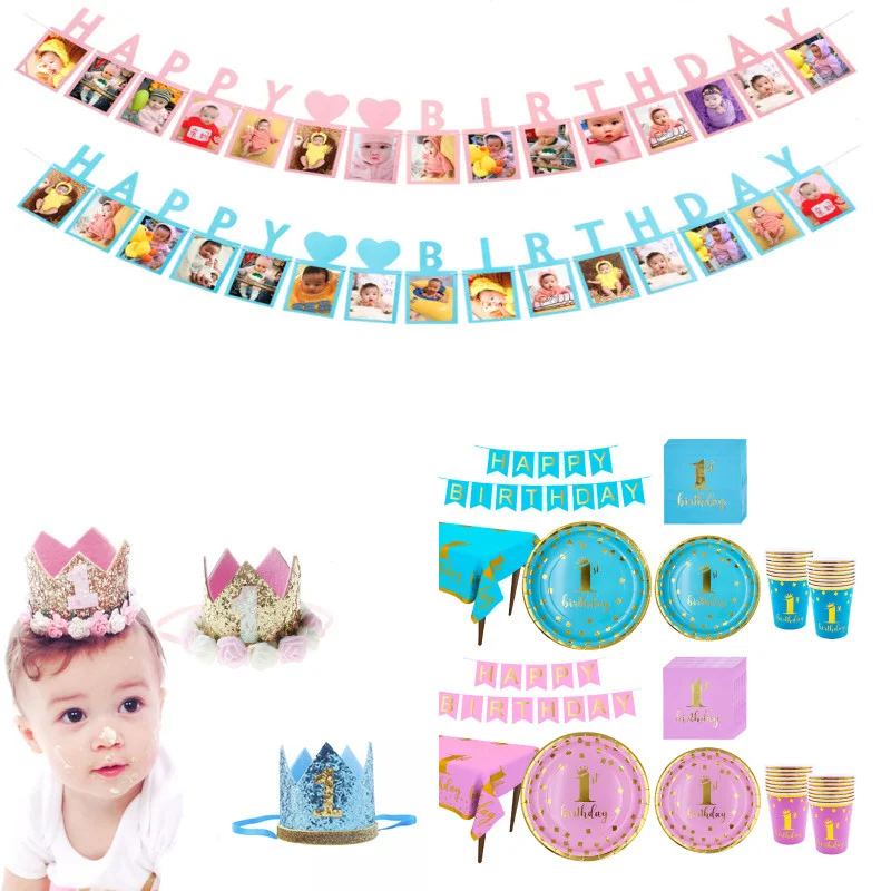 

Pink Blue Party Disposable Tableware Set Party Table Decoration Paper Cups Plates Tablecloth 1st Birthday Party Supplies