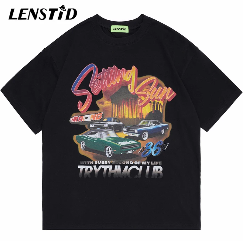 

Футболка LENSTID мужская с коротким рукавом, повседневная тенниска из хлопка в стиле хип-хоп, с надписью на гоночном автомобиле, уличная одежда ...