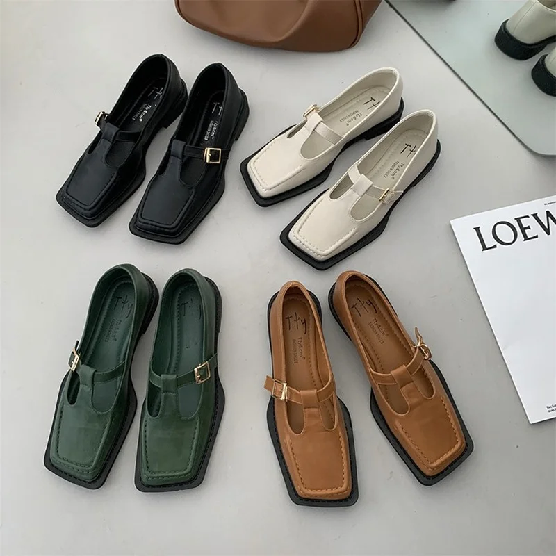 

2022British style single shoes women's flat white leather shoes spring and summer buckle tower retro square head Mary Jane shoes