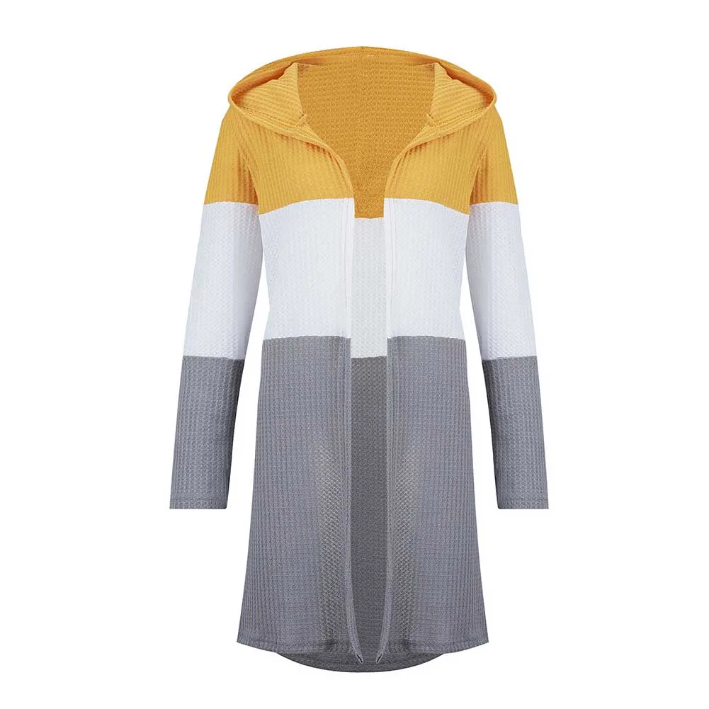 

Outwear Tops Fashion Colorblock Casual Ladies Daily Slim Fit Women Cardigan Open Front Knitted Long Sleeve Hooded Patchwork