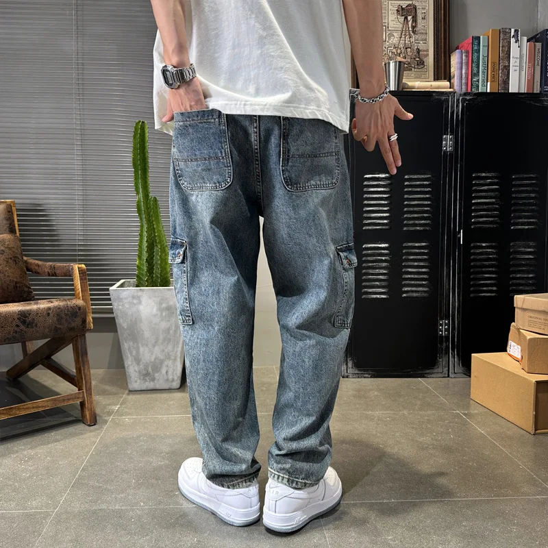 Street Fashion Men Jeans Loose Fit Retro Blue Big Pocket Casual Denim Cargo Pants Hombre Hip Hop Harem Jeans Wide Leg Trousers