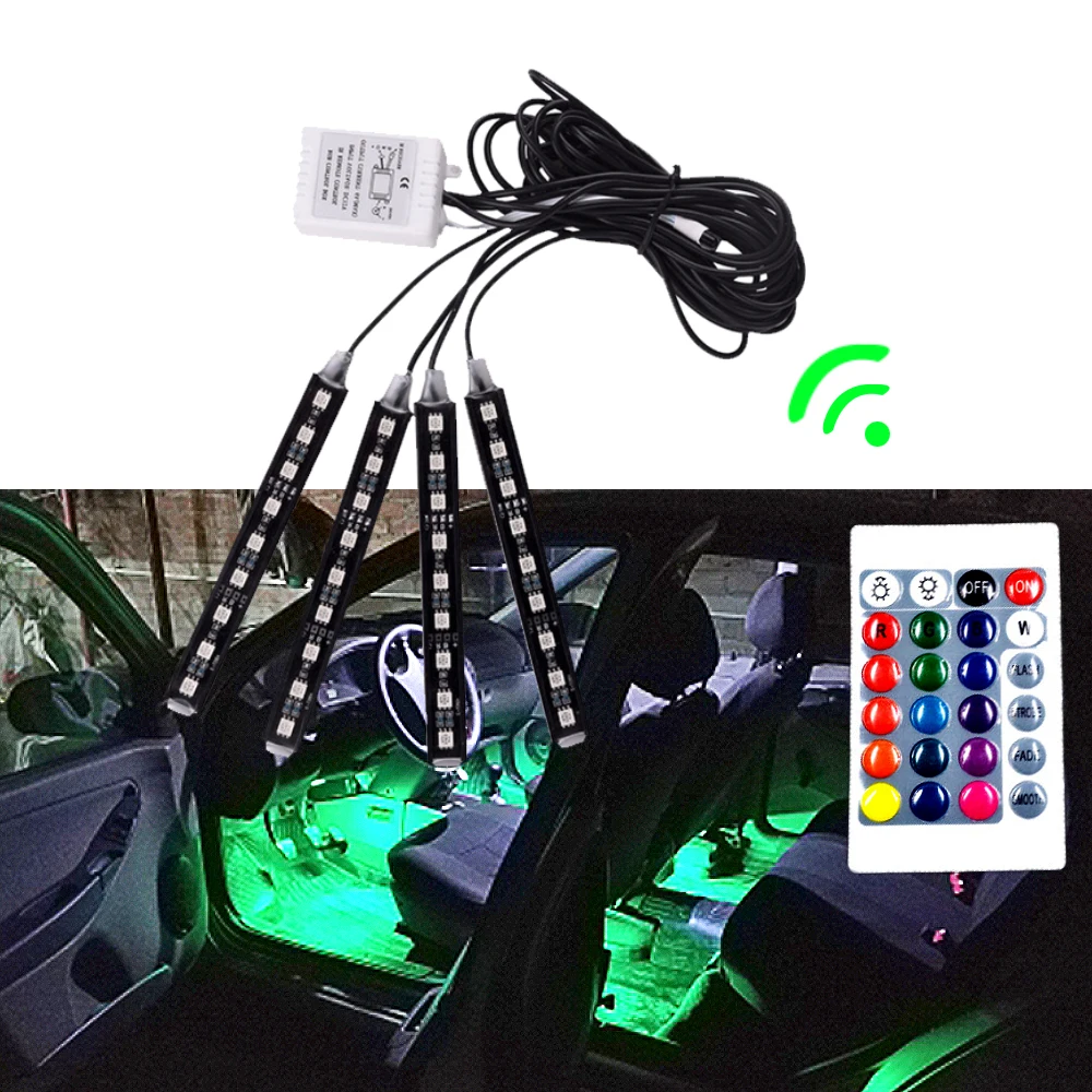 

4X Car RGB Led Brake Strip Light 5050 9SMD Auto Remote Control Flexible Atmosphere Lamp Additional Interior Decoration Edgelight