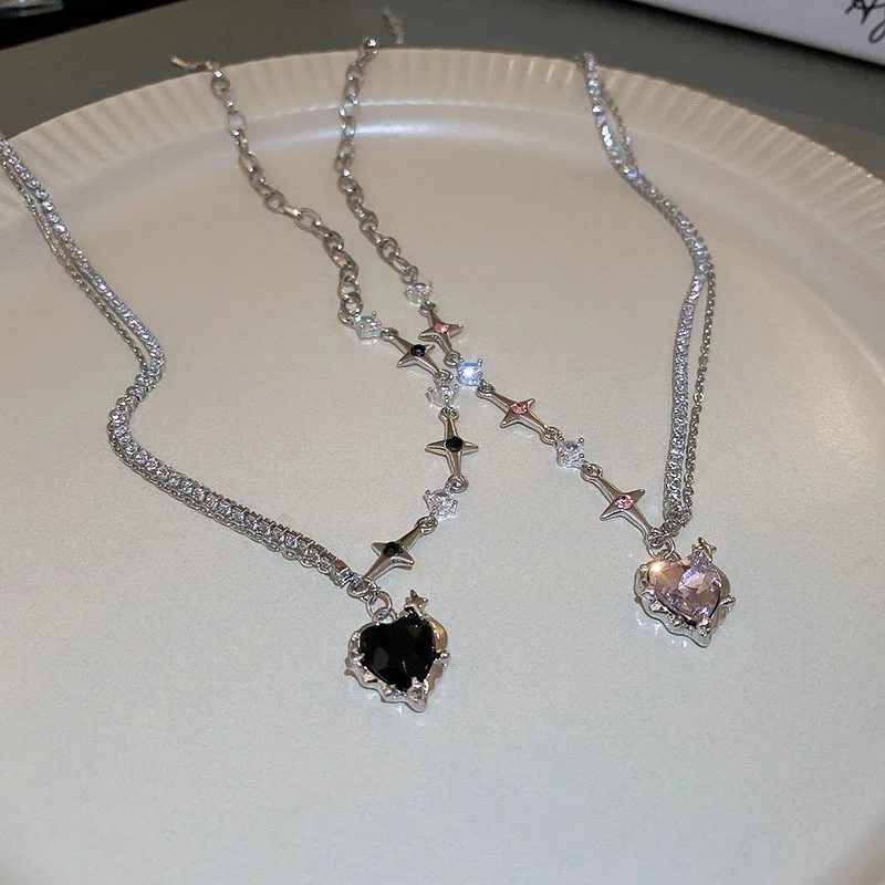 

Y2K модное ожерелье с подвеской в виде персикового сердца в форме капли воды, женское ожерелье с черным кристаллом, милая крутая цепочка до кл...
