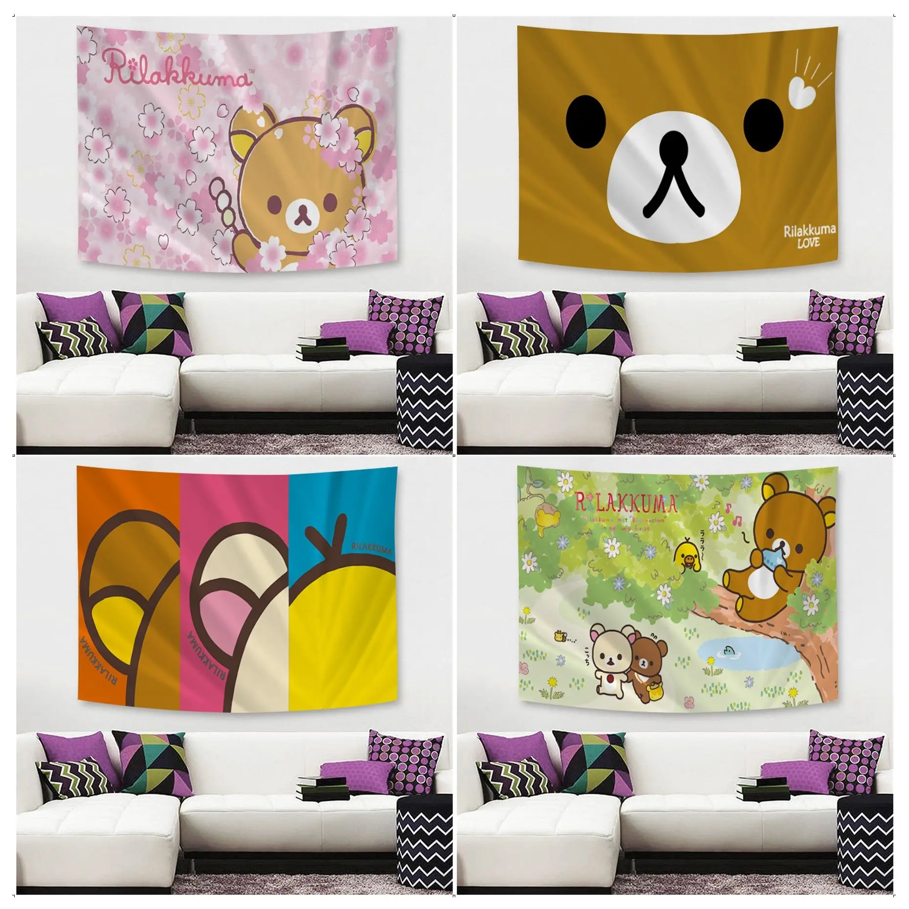 

Cute Rilakkuma Bear Colorful Tapestry Wall Hanging Hippie Flower Wall Carpets Dorm Decor Wall Art Decor