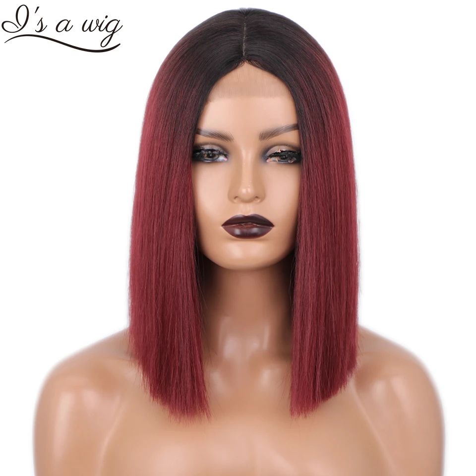 

I's a wig Short Ombre Red Bob Wigs Synthetic Straight Wigs for Black Women 613 Blonde Brown Black Pink Middle Part Hairs