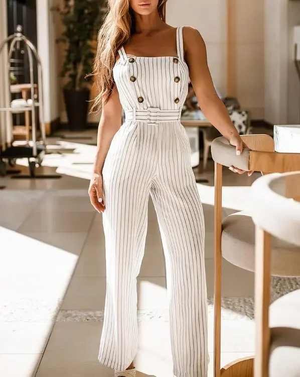 Summer Sleeveless Office Wear Long Jumpsuit Elegant Women's Jumpsuit with Belt Square Neck Chunky Straps Buttoned Stripe Print