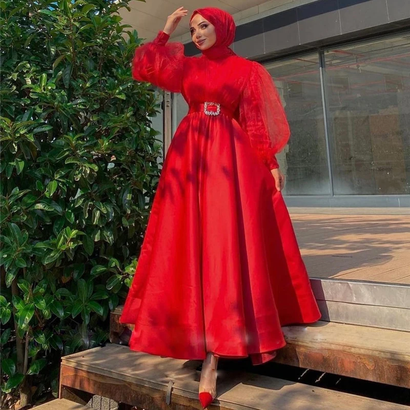 

Платье женское с пышными рукавами, мусульманское вечернее плиссированное платье до щиколотки, с поясом с кристаллами и бисером, для выпускн...