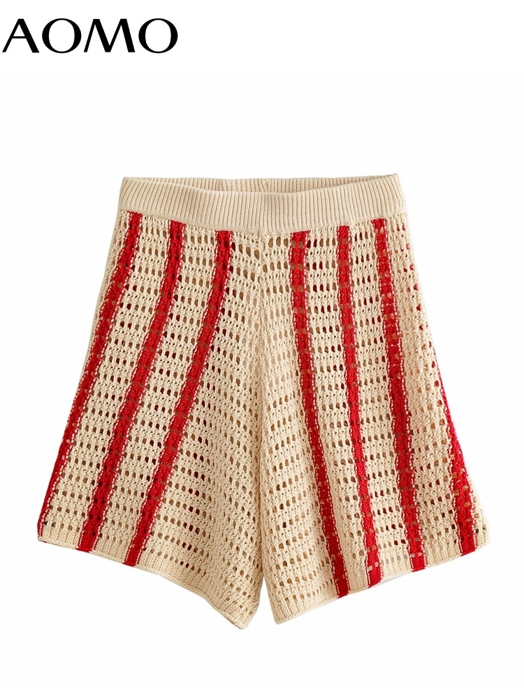 

AOMO Women Elegant Striped Hollow Out Shorts Strethy Waist Female Retro Basic Casual Shorts Pantalones 6B11A