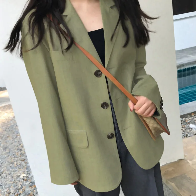 Korea Style Women Casual Blazer Grey Solid Colors Single Breasted Loose Suit Woman Spring Fashion Office Work Long Sleeve Blazer