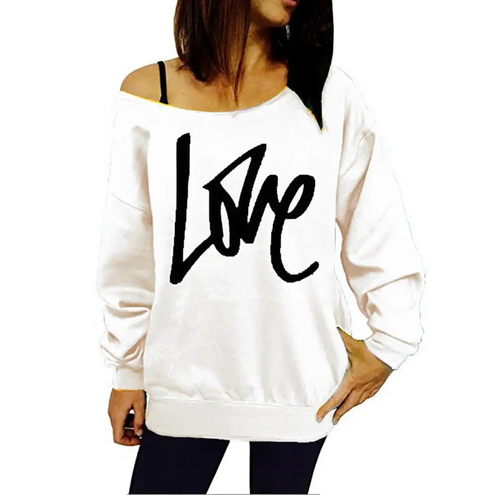 

Women T-shirt Contrast Colors Elastic Hem Love Print Long Sleeves Loose Lady Tops Female Clothes Autumn Fashion Pullover Tops