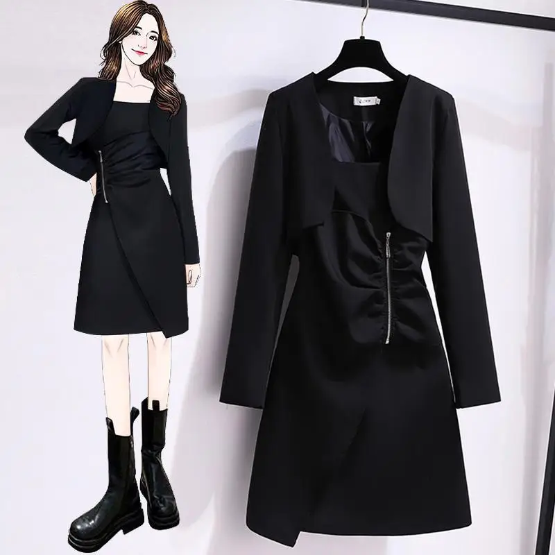 

Spring 2022 new large size women's suit jacket two-piece suspender dress fat sister suit bodycon dress long sleeve dress