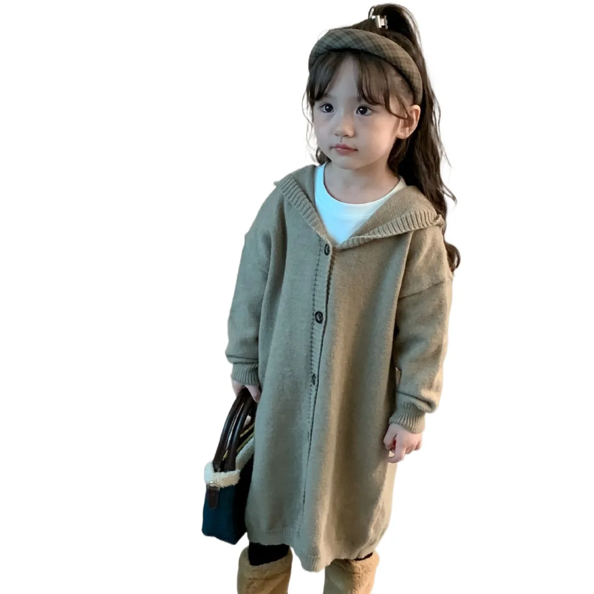 

Детская одежда, Новинка осени 2023, длинные свитера с капюшоном для девочек, пальто, повседневный однобортный Кардиган