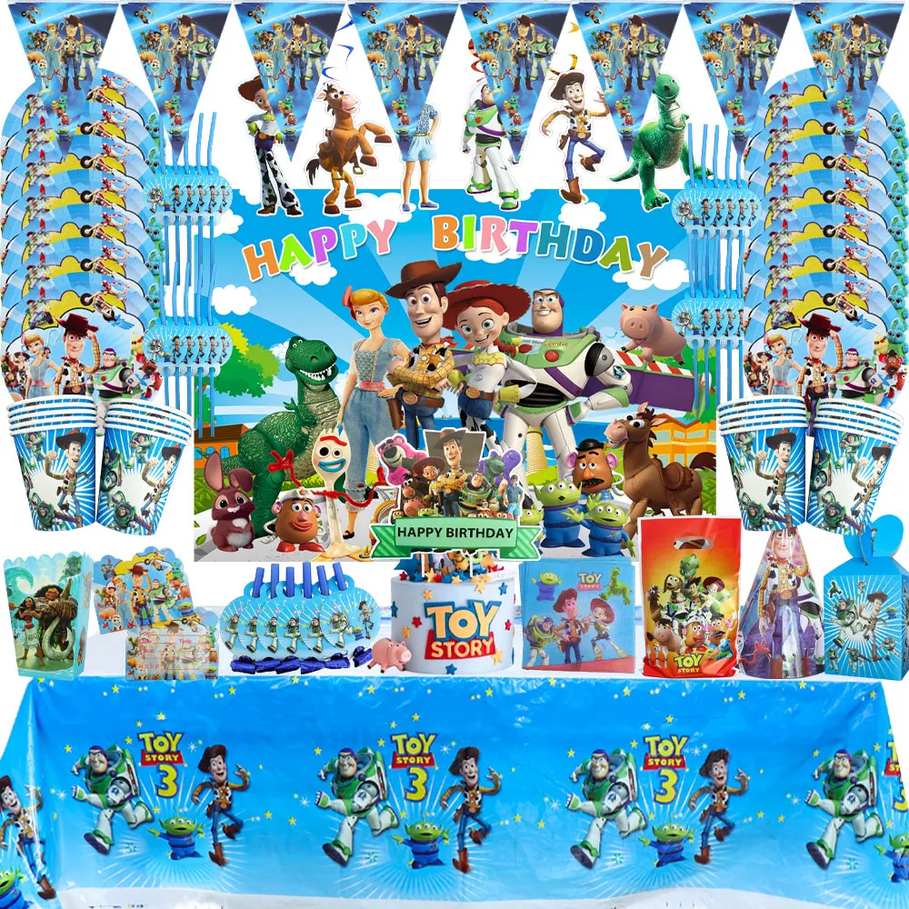 

Тема История игрушек, украшения для детского дня рождения, одноразовая посуда, тарелки, салфетки, чашки, соломинки, баннеры