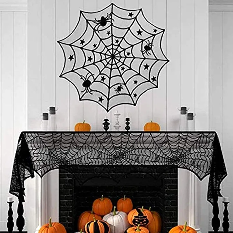 Halloween Decorations Spider Web Fireplace Lace Mantel Scarf Table Covers and Lampshade Halloween Creepy Cloth 3D Bat Party