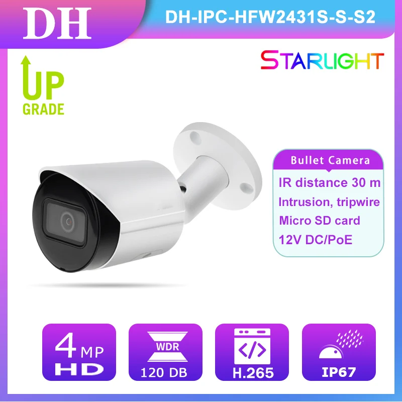

DH Original Starlight IPC-HFW2431S-S-S2 4MP UltraHD PoE IP Bullet Camera Color Vision SD Card Slot IP67 IVS Motion Detection