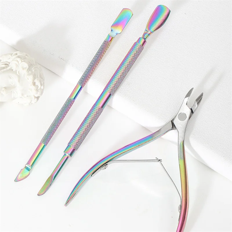 

3pcs Set Rainbow Stainless Steel Nail Cuticle Scissors Pushers Dead Skin Gel Polish Remover Nail Art Manicure Care Tools