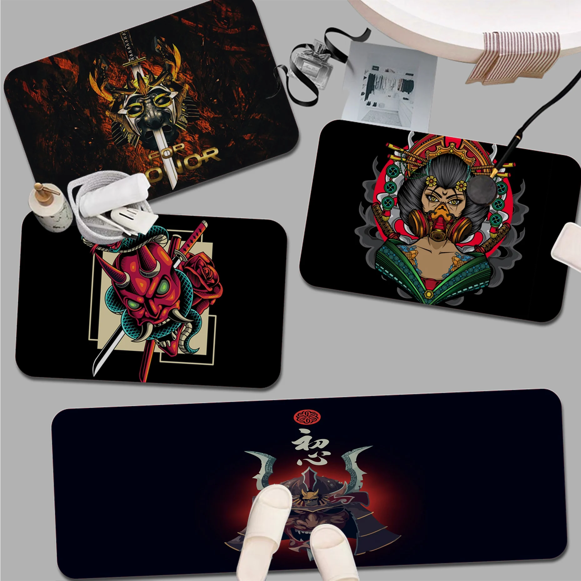 

Japanese Samurai Mask Kitchen Mat Rectangle Anti-slip Home Soft Badmat Front Door Indoor Outdoor Mat Toilet Rug