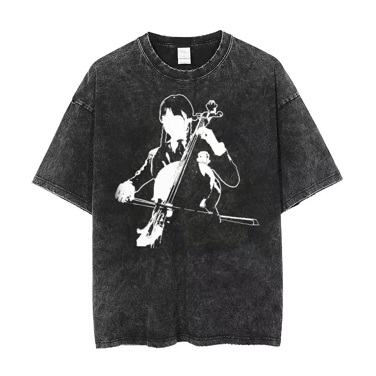 

Washed T Shirts Playing The Oversized Violin Hip Hop Vintage T-Shirt Oversize Wednesday Addams 100% Cotton Tops Tees Men Women