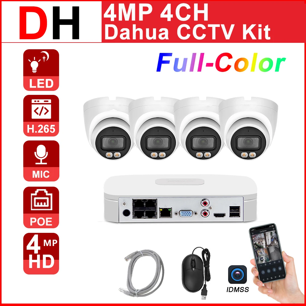 

DH CCTV kit 4MP 4CH HD POE NVR4104-P-4KS2 IPC-HDW2439T-AS-LED-S2 Built-in Mic Security Surveillance System ColorVu Full Color